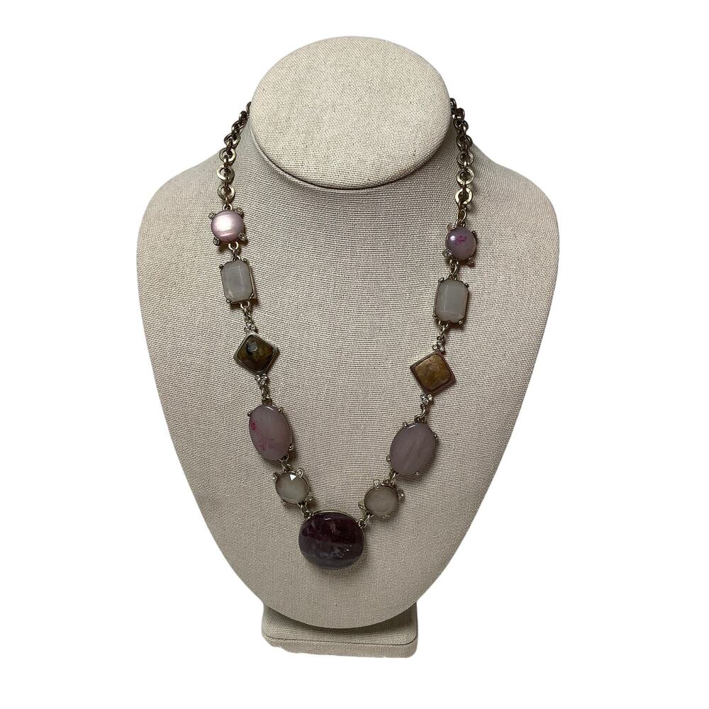 LOFT Silver Tone Chunky Geometric Gemstone Station Necklace Statement A30-24